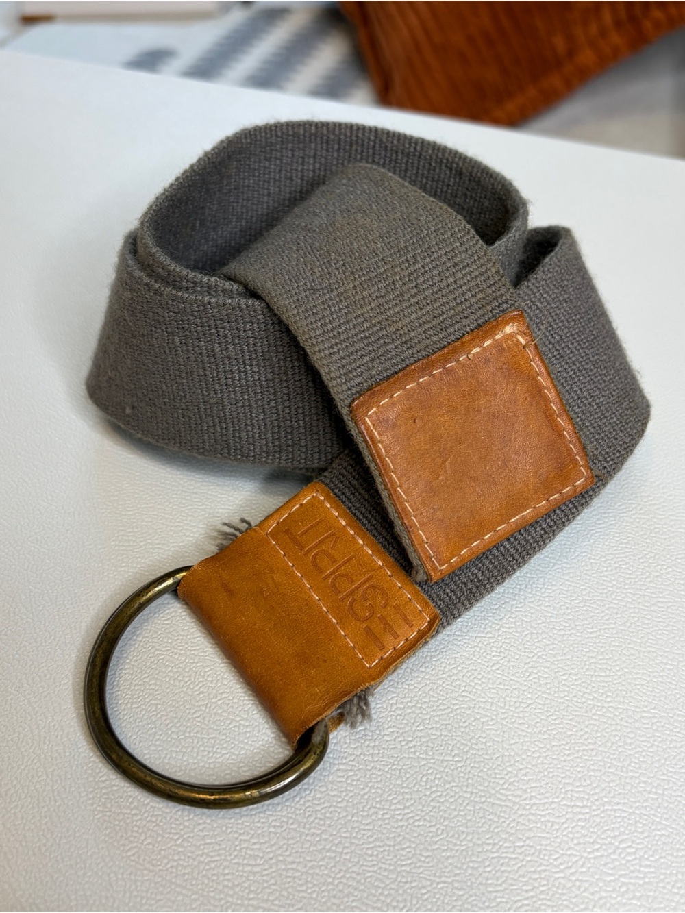 Vintage 90s Esprit Gray Canvas Belt with Tan Leather Accents